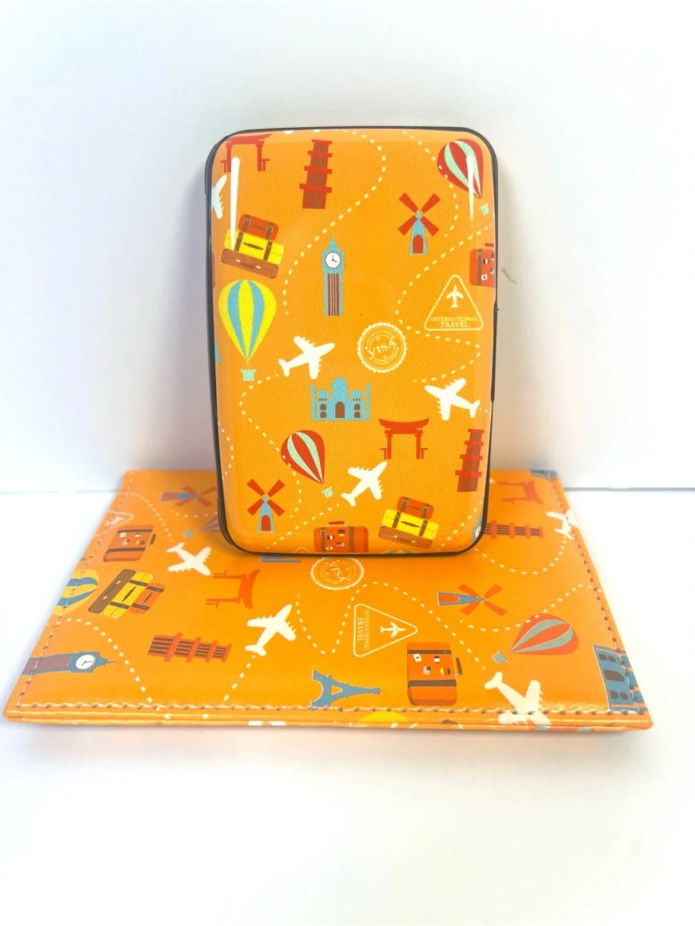 Orange Passport Holder &Metal RFID Card Holder Wallet Travel NWOT